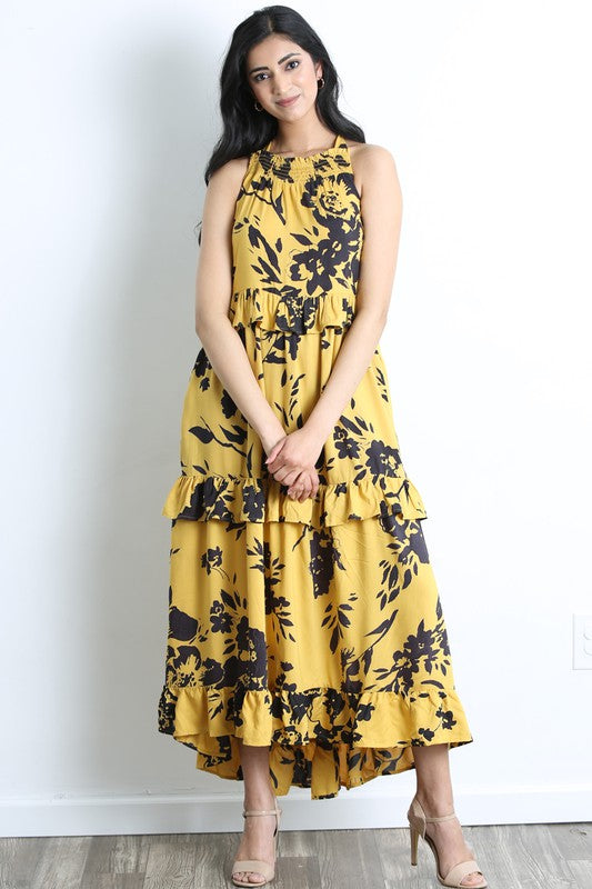 TIERED RUFFLE TIE BACK MAXI DRESS