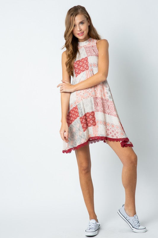 SLEEVELESS LACE A CUT PRINTED DRESS